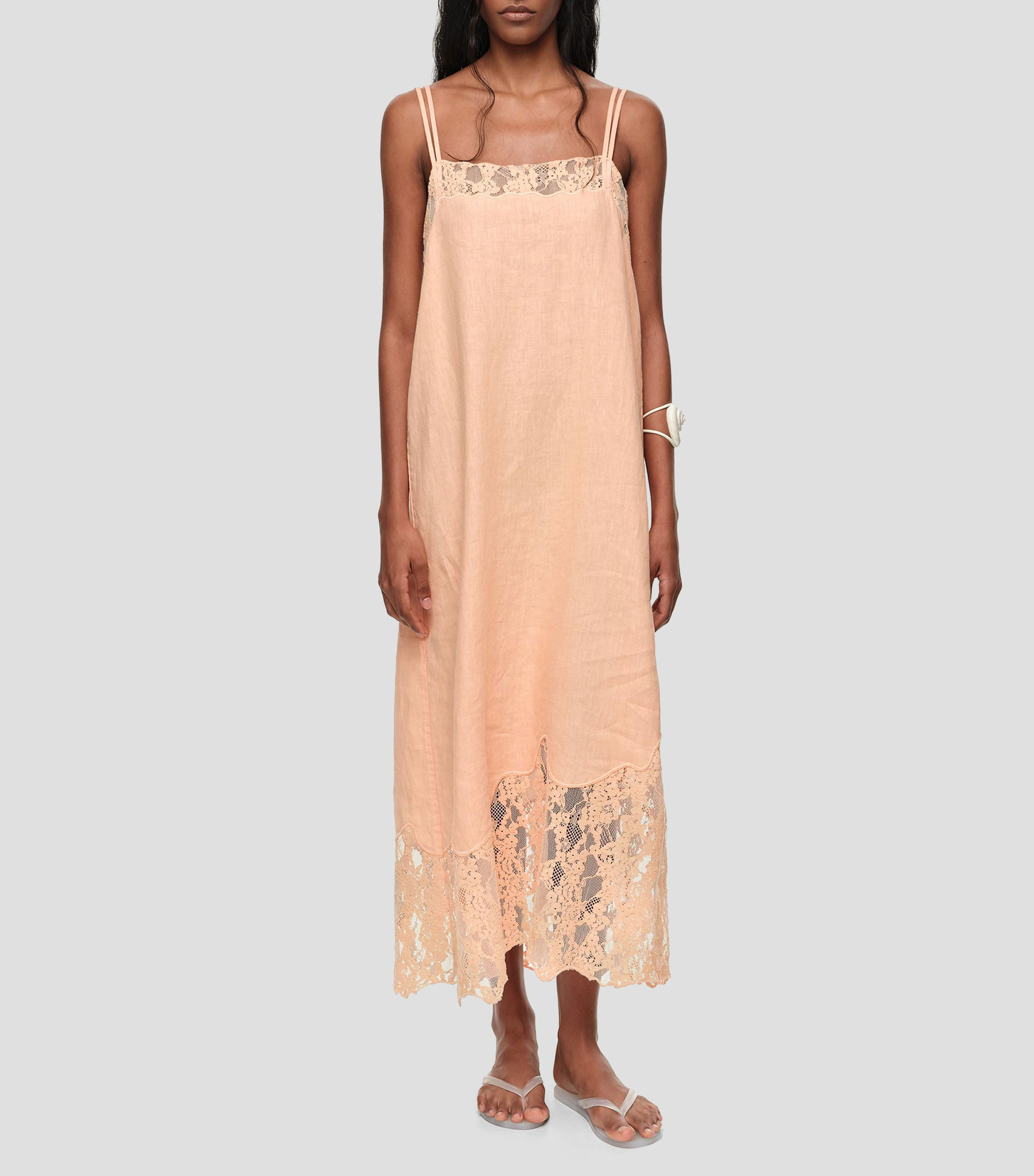 Vestido midi encaje lino lavado Mujer